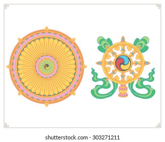 Dharma Wheel, Dharmachakra Icons. Wheel of Dharma in flat design. Buddhism symbols. Symbol of Buddha's teachings on the path to enlightenment, liberation from the karmic rebirth in samsara.