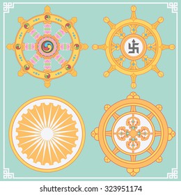 Dharma Wheel, Dharmachakra Icons. Wheel of Dharma in flat design. Buddhism symbols. Symbol of Buddha's teachings on the path to enlightenment, liberation from the karmic rebirth in samsara.