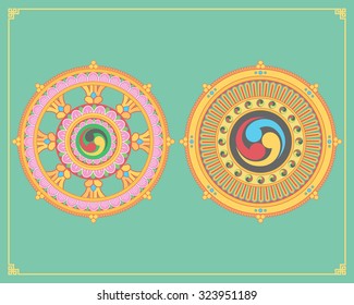 Dharma Wheel, Dharmachakra Icons. Wheel of Dharma in flat design. Buddhism symbols. Symbol of Buddha's teachings on the path to enlightenment, liberation from the karmic rebirth in samsara.