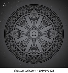 Dharma Wheel, Dharmachakra. Symbol of Buddha's teachings on the path to enlightenment, liberation from the karmic rebirth in samsara. Starry night sky textured background. EPS10 vector