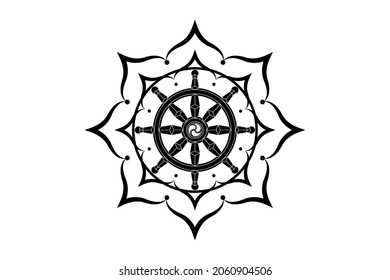 Dharma wheel logo icon. Buddhism sacred lotus flower symbol. Dharmachakra, eight petals. Vector illustration isolated on white background 