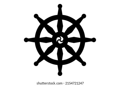 Dharma wheel logo icon. Buddhism sacred symbol. Dharmachakra. Vector illustration isolated on white background 