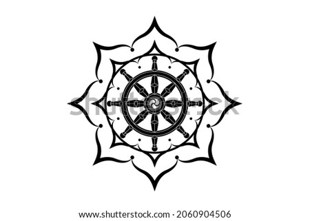 Dharma wheel logo icon. Buddhism sacred lotus flower symbol. Dharmachakra, eight petals. Vector illustration isolated on white background 