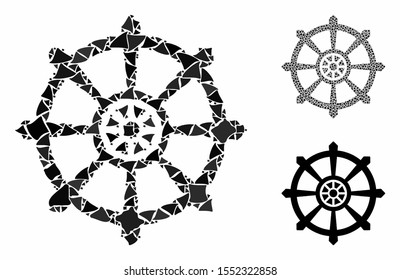 Dharma wheel mosaic of rough elements in variable sizes and color tinges, based on dharma wheel icon. Vector raggy elements are grouped into collage. Dharma wheel icons collage with dotted pattern.