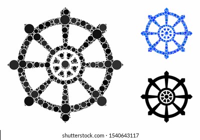 Dharma wheel mosaic of round dots in different sizes and color tones, based on dharma wheel icon. Vector round elements are united into blue mosaic.