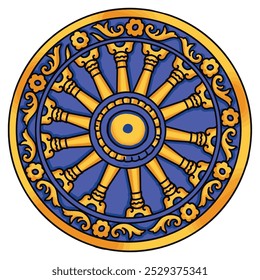 Dharma-Rad, Tempel-Rad-Skulptur Mandala-Design, Rad-Design mit goldenen und blauen Farbe.