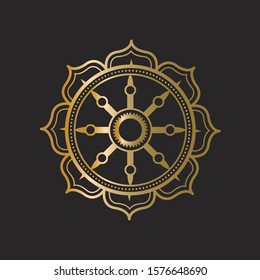 Dharma wheel vector logo. Dharma wheel icon. Dharma wheel emblem. Budist retail store logo.