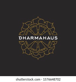 Dharma wheel vector logo. Dharma wheel icon. Dharma wheel emblem. Budist retail store logo.