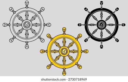 dharmachakra (dhammacakka) ou roda do símbolo dharma. contorno e silhueta, estilos de cor para religião, meditação, educação e design espiritual