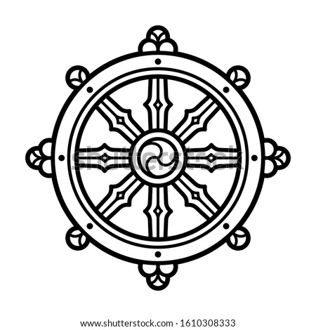 Dharmachakra (Dharma Wheel) symbol in Buddhism. Black and white line icon, tattoo design. Isolated vector clip art illustration.