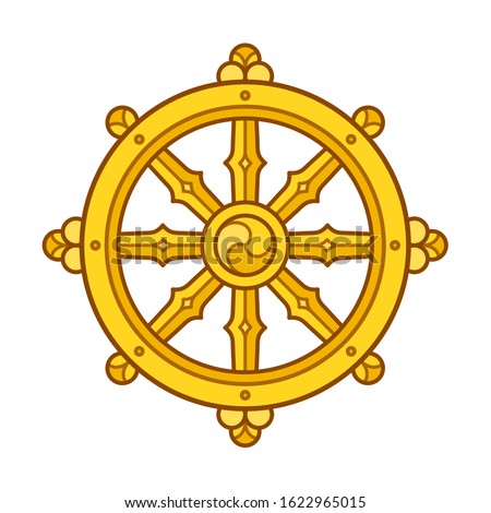 Dharmachakra (Dharma Wheel) symbol in Buddhism. Golden wheel sign art. Isolated vector illustration.