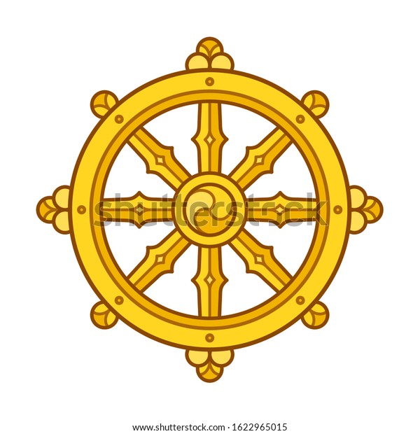 Dharmachakra (Dharma Wheel) symbol\
in Buddhism. Golden wheel sign art. Isolated vector\
illustration.