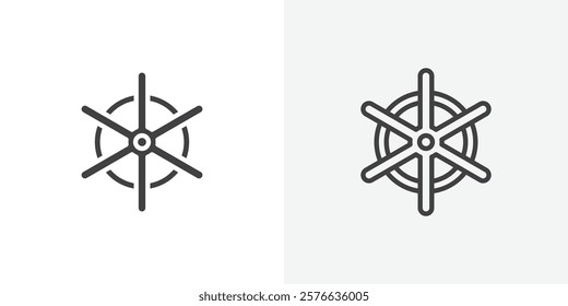 Dharmachakra icon set in black flat solid and outlined style.