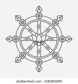 Dharmachakra Line Icon. Dharma Wheel Of Fortune. Buddhism Religion Symbol. Tattoo Design. Teach And Walk To The Path Of Nirvana. Vector Illustartion