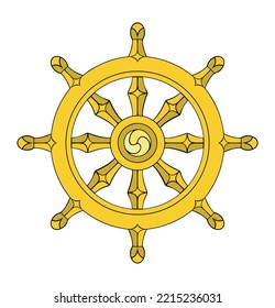 Dharmachakra oder Dharmarad. Es ist ein weit verbreitetes Symbol, das in indischen Religionen wie Hinduismus, Jainismus und insbesondere Buddhismus verwendet wird.