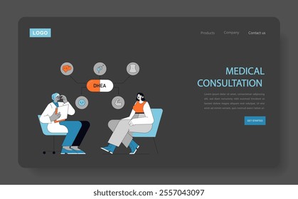 DHEA supplement concept. A doctor discusses the benefits and uses of DHEA with a patient amid health-related icons. Vector illustration.