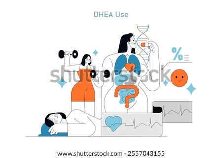 DHEA Supplement concept. Illustration of holistic wellness, showcasing benefits for mood, heart health, and fitness. Vector illustration.