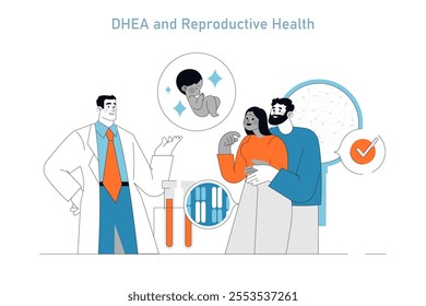 DHEA Supplement concept. Illustration of hormone's role in fertility, with a doctor explaining benefits to a couple by a test tube graphic. Vector illustration.