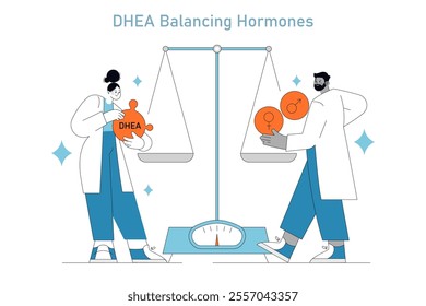 DHEA Supplement concept. Illustration of scientists balancing DHEA with sex hormones on a scale, representing hormone therapy. Vector illustration.