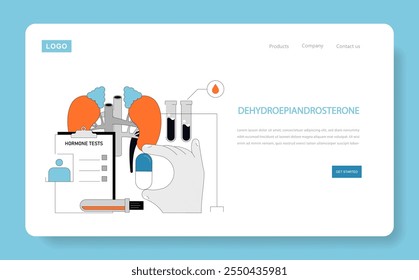 Conceito de suplemento DHEA. Ilustração médica de testes hormonais para função adrenal com equipamentos de laboratório. Explorar a saúde e a terapia endócrinas. Ilustração vetorial.