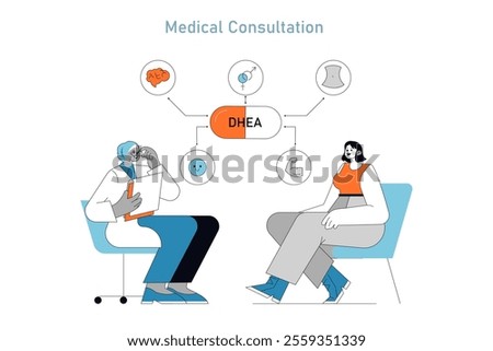 DHEA supplement concept. Patient learns about DHEA's effects on health during a medical consultation. Hormone function and body impact. Vector illustration.