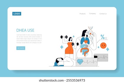 DHEA supplement concept. Web banner showcasing benefits for muscle, heart, gut health, and mood improvement. User-friendly digital interface. Vector illustration.