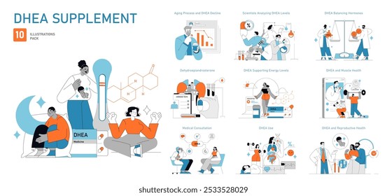 DHEA Supplement set. Illustrating the impact on aging, energy, and hormone balance. Engaging scenes of medical, research, and fitness uses. Vector illustration.