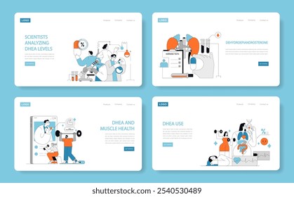 Suplemento DHEA. Compreender os níveis hormonais, os benefícios para a saúde e as aplicações em fitness. Pesquisa em ação, bem-estar físico e otimização da saúde. Ilustração vetorial.