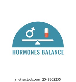 Suplementos de DHEA. Ilustración vectorial que representa el equilibrio hormonal con un símbolo de género y una cápsula en una escala. Concepto de salud, bienestar y terapia hormonal en el tratamiento médico.