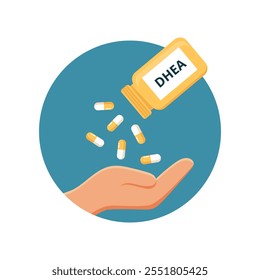 Suplementos de DHEA. Ilustración vectorial de una mano que atrapa las cápsulas de DHEA que se caen de una botella. Concepto de salud, terapia hormonal y suplementos para el bienestar y la curación.