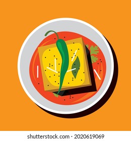 Dhokla with chutney and chilli. Indian Gujarati traditional street food. Colourful abstract art background vector.