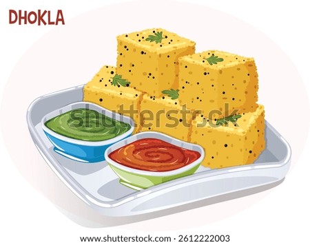 Dhokla Served with Green and Red Chutneys in a Tray with Mustard Beans and Coriander Garnish. Indian Savoury Breakfast Cuisine Detailed Illustration.