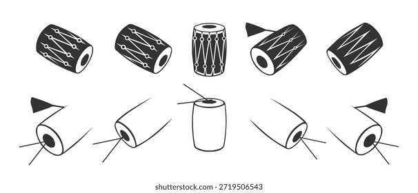 Dhol Drum Black Vector Icons Set, Fill and Outline Traditional Musical Instrument Illustration