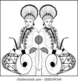 Dhol and Dhol players playing in traditional customs and celebrations/black and white design with vector and illustration on a white page.