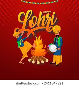 Dhol Player's Symphony Embracing Lohri's Warmth with Green Attire, Festive Drums, and Cultural Pride. Lohri bonfire lights men dancing bhangra vector design