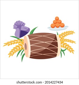 Dhol, sweet plate and turban vector graphic illustration. Individually on a white background.