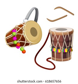 Dhol types of double-headed drum and wooden sticks vector illustration