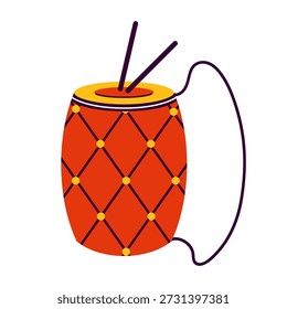 Ilustração de vetor de tambor de Dholak. Um instrumento musical colorido tradicional para o festival Holi, feriados indianos. Um tambor vibrante com baquetas de madeira, um cinto, um ornamento étnico. clip-art desenhado à mão
