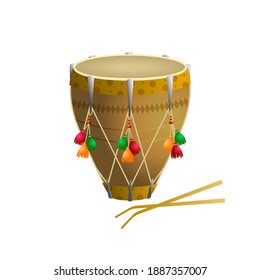 Dholaki ist ein traditionelles Musikinstrument in Indien. Vektorgrafik einzeln auf weißem Hintergrund.	