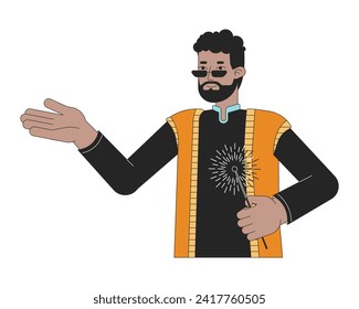 Dhoti kurta man holding sparkler 2D linear cartoon character. African american male isolated line vector person white background. Hindu festival of lights Deepawali color flat spot illustration