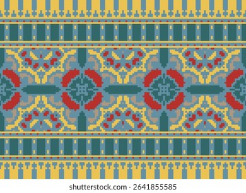 Dhoti Pattern Seamless Scandinavian pattern Motif embroidery, Pixel Ikat embroidery vector Design for Print indigenous art aboriginal art pattern floral kurti mughal border