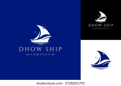 Diseño del logotipo de Dhow Sailing Boat, velero tradicional de Asia y África en el río del océano marino
