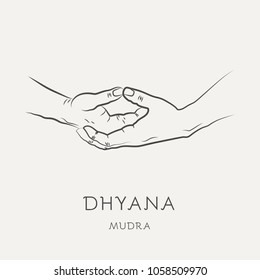 Dhyana mudra - gesture in yoga fingers. Symbol in Buddhism or Hinduism concept. Yoga technique for meditation. Promote physical and mental health. Vector illustration