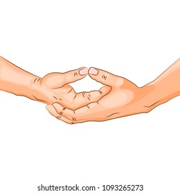 Dhyana mudra - gesture in yoga fingers. Symbol in Buddhism or Hinduism. Yoga technique for meditation. Realistic colored hand in gesture. Promote physical and mental health. Vector illustration