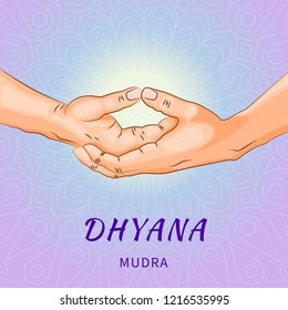 Dhyana mudra - gesture in yoga fingers. Symbol in Buddhism or Hinduism concept. Yoga technique for meditation. Promote physical and mental health. Vector illustration