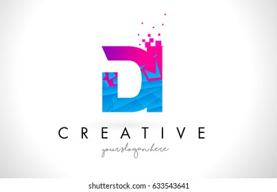 DI D I Letter Logo with Broken Shattered Blue Pink Triangles Texture Design Vector Illustration.