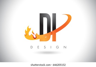 DI D I Letter Logo Design with Fire Flames and Orange Swoosh Vector Illustration.