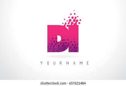 DI D I Letter Logo with Pink Letters and Purple Color Particles Dots Design.