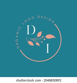 DI Or D I Nature Letter Logo In A Circle Shape Frame With Flower Elements, Vector Illustration. Organic Icon Graphic Design.