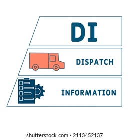 DI - Abkürzung "Versandinformationen". Hintergrund des Unternehmenskonzepts. Vektorgrafik-Konzept mit Schlagwörtern und Symbolen. Buchstabengrafik mit Symbolen für Web-Banner, Flyer, Landing-Page